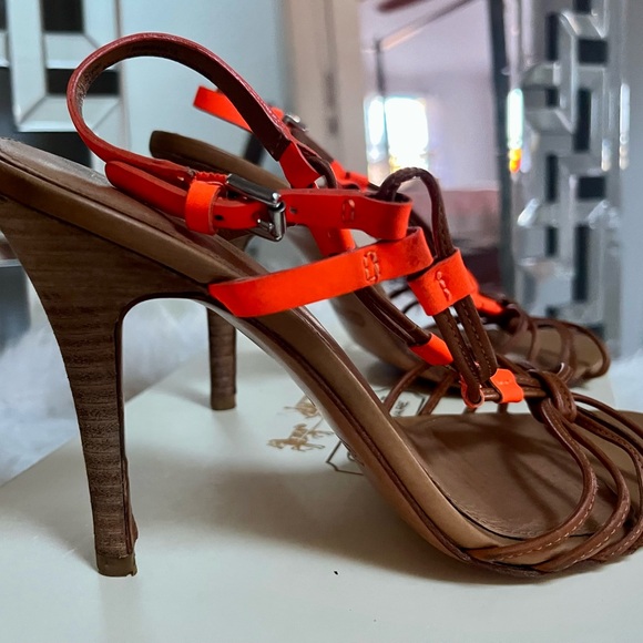 Coach size 8.5 strappy, sexy bright orange and tan heels. - Picture 2 of 4